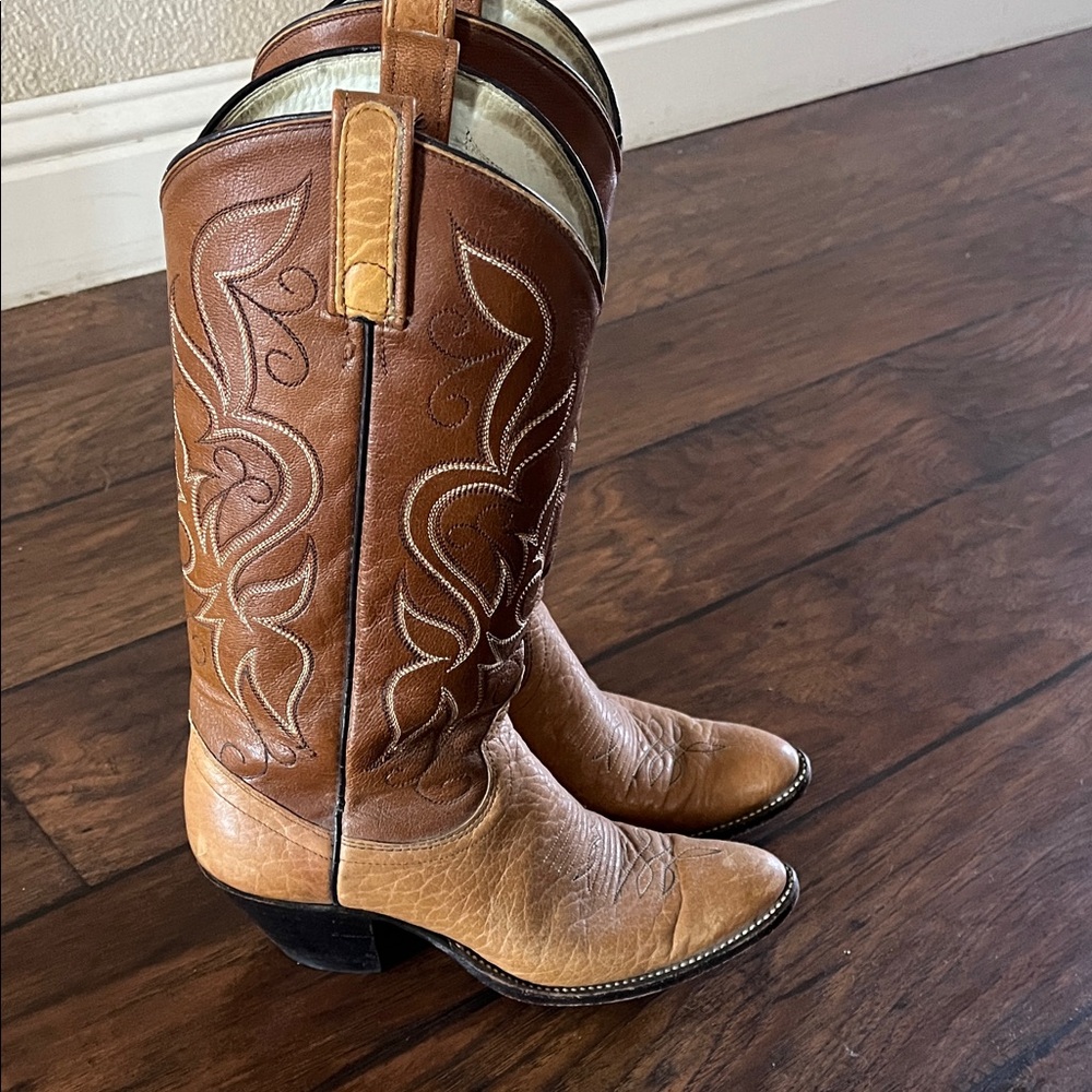 Dan Post Tan and Brown Vintage Western Heeled Boots